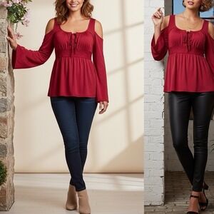 Womens Red Cold Shoulder Long Sleeve Lace Trim Tie Front Blouse Top XL